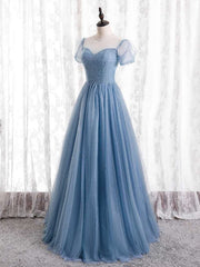 Blue Tulle Short Sleeve Scoop Neck Prom Dresses