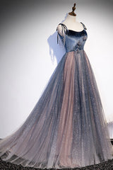 Blue Tulle Spaghetti Strap Long Prom Dresses, A-Line Lace-Up Evening Dresses