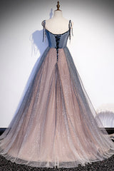 Blue Tulle Spaghetti Strap Long Prom Dresses, A-Line Lace-Up Evening Dresses