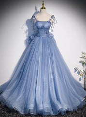 Blue Tulle Spaghetti Straps Flower Bow Prom Dresses