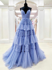 Blue Tulle Spaghetti Straps Tiers Prom Dresses