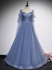 Blue Tulle Square Long Sleeve Beading Prom Dress