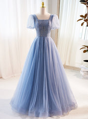 Blue Tulle Square Neck Puff Sleeve Prom Dresses