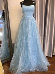 Blue Tulle Star Sequins Spaghetti Straps Prom Dresses