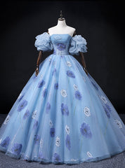 Blue Tulle Strapless Print Quinceanera Dresses