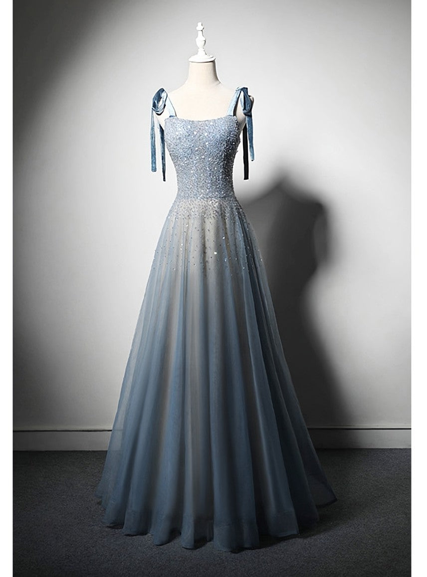 Blue Tulle Straps Beading Prom Dress