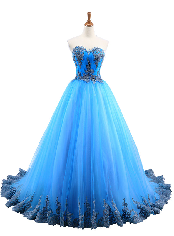 Blue Tulle Sweetheart Backless Appliques Wedding Dress