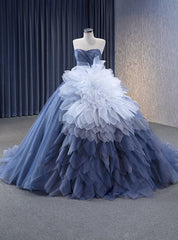 Blue Tulle Sweetheart Prom Dresses With Detachable Tulle