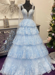 Blue Tulle Tiers Appliques Sequins Prom Dresses