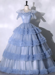 Blue Tulle Tiers Off the Shoulder Quinceanera Dresses