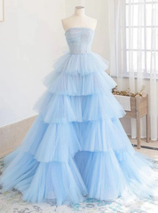 Blue Tulle Tiers Strapless Pleats Prom Dress