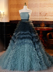 Blue Tulle Tiers Strapless Pleats Quinceanera Dresses