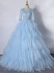 Blue Tulle Tulle Short Sleeve Appliques Quinceanera Dress