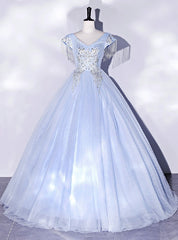 Blue Tulle V-neck Appliques Quinceanera Dresses