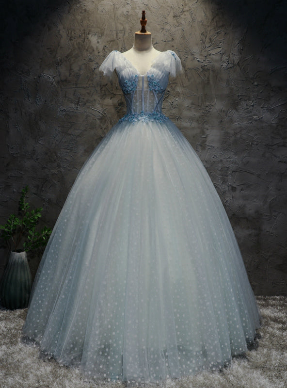 Blue Tulle V-neck Appliques Quinceanera Dresses