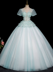 Blue Tulle V-neck Short Sleeve Flower Quinceanera Dress