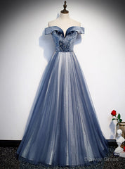 Blue Tulle Velvet Off the Shoulder Beading Prom Dress