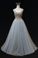 Blue Tulle with Flowers Straps Long Evening Dresses, Blue Prom Party Dresses