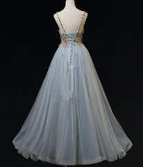 Blue Tulle with Flowers Straps Long Evening Dresses, Blue Prom Party Dresses