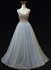 Blue Tulle with Flowers Straps Long Evening Dresses, Blue Prom Party Dresses