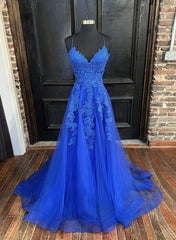 Blue Tulle with Lace A-line Floor Length Party Dresses Blue Junior Prom Dresses prom Dresses shops