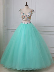 Blue Two Piece Tulle Backless Cap Sleeve Quinceanera Dresses