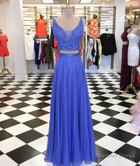 Blue two pieces beads long prom dress, blue evening dress