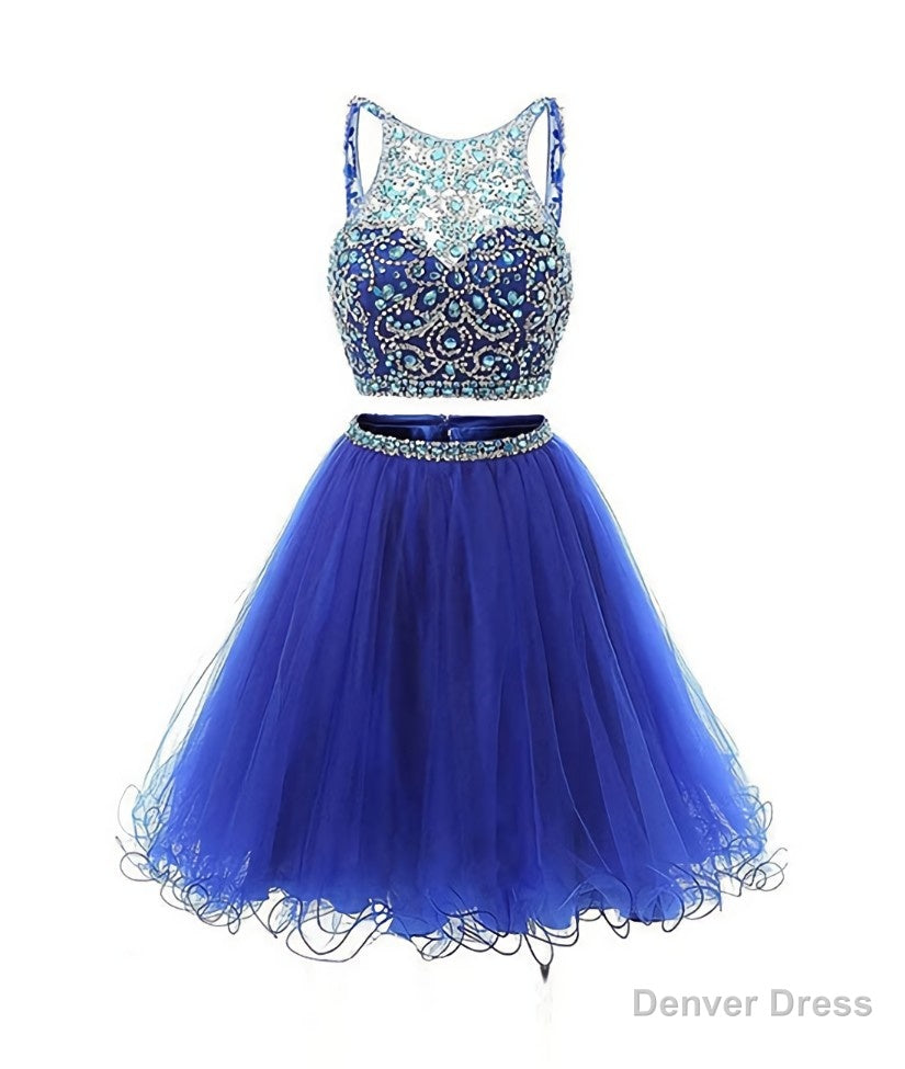 Blue two pieces tulle sequin beads short prom dress, blue homecoming