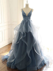 Blue V-neck Lace Appliques Tulle Spaghetti Straps Prom Dress