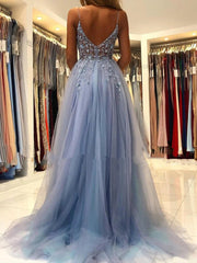 Blue V Neck Open Back Beaded Long Prom Dresses High Slit Party Dresses prom Dresses shops