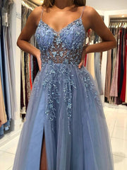 Blue V Neck Open Back Beaded Long Prom Dresses High Slit Party Dresses prom Dresses shops