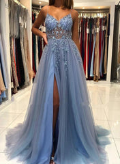 Blue V Neck Open Back Beaded Long Prom Dresses High Slit Party Dresses prom Dresses shops