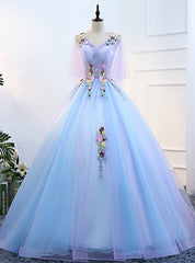 Blue V-neck Tulle Appliques Beading Floor Length Quinceanera Dresses