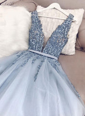 Blue v neck tulle beads long prom Dresses, evening Dresses