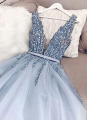 Blue v neck tulle beads long prom Dresses, evening Dresses