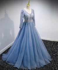 Blue V Neck Tulle Lace Long Prom Dresses, Blue Evening Dresses with Sequin Beading