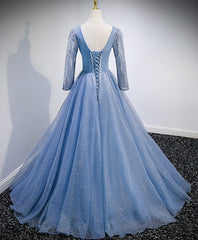 Blue V Neck Tulle Lace Long Prom Dresses, Blue Evening Dresses with Sequin Beading