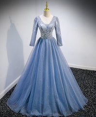 Blue V Neck Tulle Lace Long Prom Dresses, Blue Evening Dresses with Sequin Beading