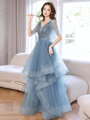 Blue V Neck Tulle Sequin Long Prom Dresses, Blue Long Formal Dresses