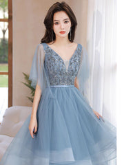 Blue V Neck Tulle Sequin Long Prom Dresses, Blue Long Formal Dresses