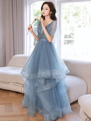 Blue V Neck Tulle Sequin Long Prom Dresses, Blue Long Formal Dresses