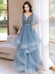 Blue V Neck Tulle Sequin Long Prom Dresses, Blue Long Formal Dresses