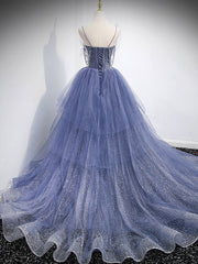 Blue V Neck Tulle Sequin Long Prom Dresses, Blue Tulle Formal Dresses