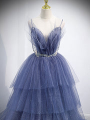 Blue V Neck Tulle Sequin Long Prom Dresses, Blue Tulle Formal Dresses