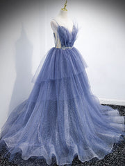 Blue V Neck Tulle Sequin Long Prom Dresses, Blue Tulle Formal Dresses