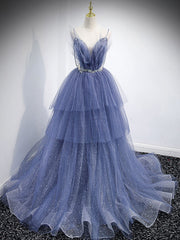 Blue V Neck Tulle Sequin Long Prom Dresses, Blue Tulle Formal Dresses