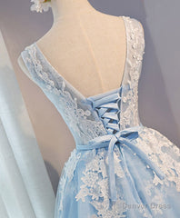 Blue V Neck Tulle Short Prom Dress, Blue Homecoming Dresses