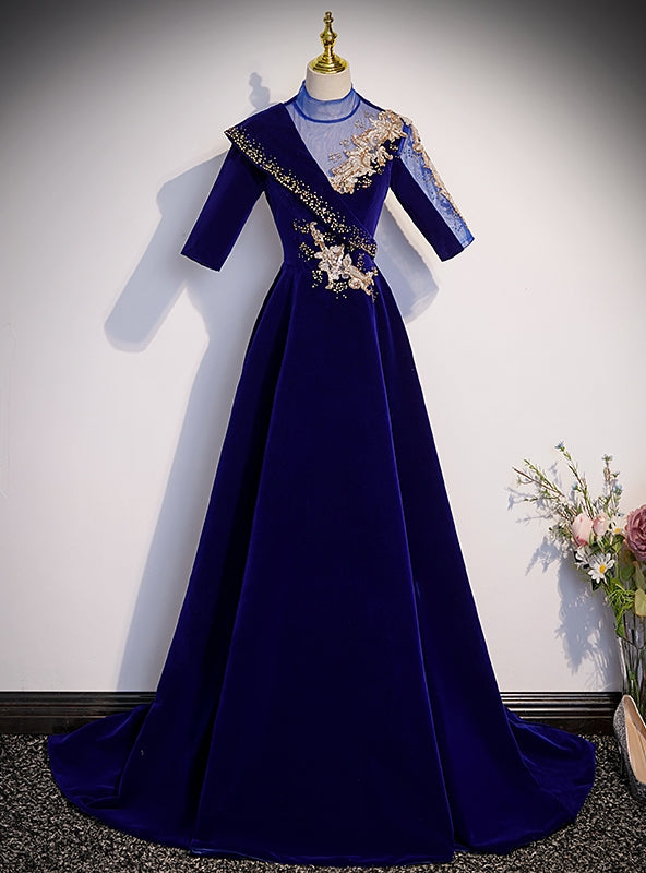 Blue Velvet Short Sleeve High Neck Appliques Prom Dress