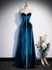 Blue Velvet Strapless Beading Prom Dress