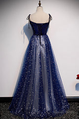 Blue Velvet Tulle Long A-Line Prom Dress, Blue Spaghetti Straps Evening Dress